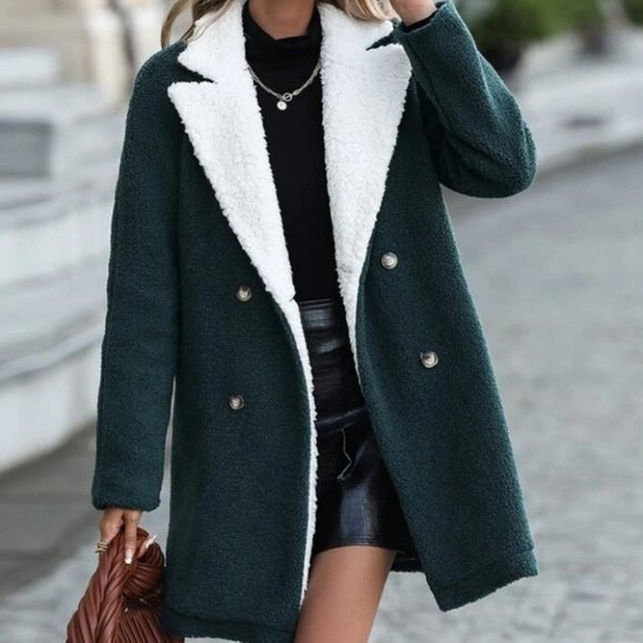 . Jackets & Blazers - Teddy Lined Lapel Collar Double Breasted Coat fall winter green